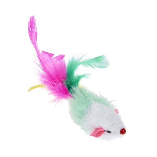 PRODUCTO ALCAMPO Juguete para gatos con forma de ratón de 7 cm con plumas de colores.