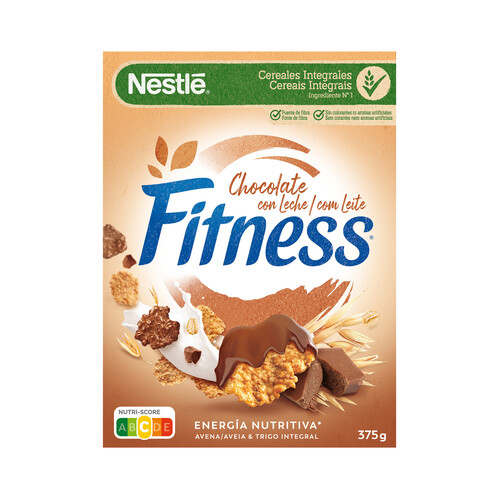 NESTLÉ Fitness Copos de trigo integral, arroz y avena integral tostados, recubierto de chocolate con leche 375 g.