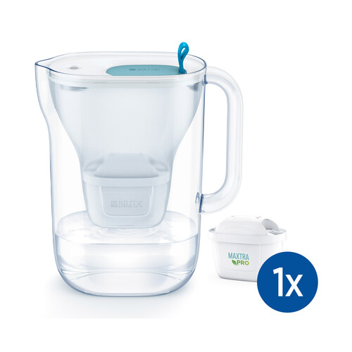 BRITA Jarra con filtro de agua Style azul (2,4 l) incl. 1x cartucho MAXTRA PRO All-in-1: jarra de diseño apta para frigorífico con Smart LED- y tapa abatible.