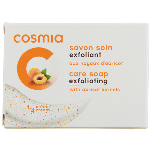 COSMIA Pastilla de jabón exfoliante con hueso de albaricoque y 1/4 de crema hidratante 90 g.