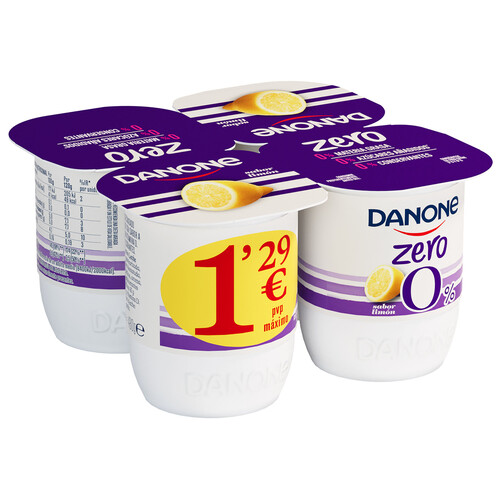 DANONE Zero 0% Yogur desnatado sin azúcares añadidos y sin conservantes, sabor a limón 4 x 120 g.