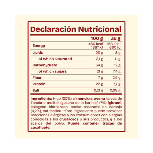 CORIAL Barrita de higo, almendras, avena, larvas gusano de la harina y naranja 35 g.