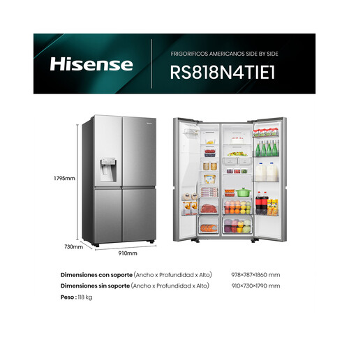 Frigorífico americano 179,5cm HISENSE RS818N4TIE1 INOX NO FROST, clasificación energética: E, H: 179,5cm, A: 91cm, F: 73cm, dispensador agua/hielo, capacidad total: 632L.