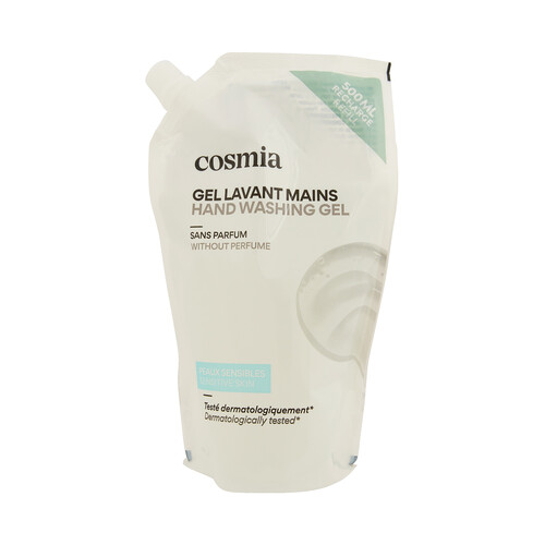 COSMIA Recambio de jabón (gel) de manos líquido sin perfume 500 ml.