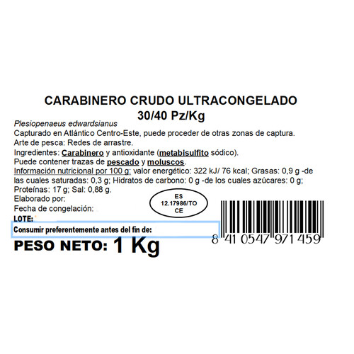 DELFÍN Carabinero 30 / 40, crudo y ultracongelado DELFÍN 1 kg (P.N.)