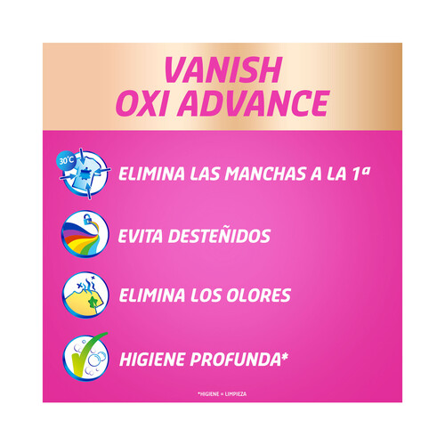 VANISH Potenciador del lavado multifunción con triple efecto: quitamanchas, eliminación de olores y cuidado de los colores VANISH OXI ADVANCE 800 g.