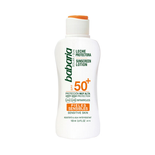 BABARIA Leche solar resistente al agua, especial pieles sensibles y con FPS 50+ (muy alta) BABARIA 100 ml.