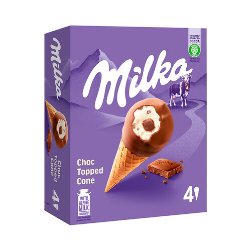 MILKA Cono de helado de vainilla con corazón de avellana, recubierto de chcolate con leche 4 x 100 ml.