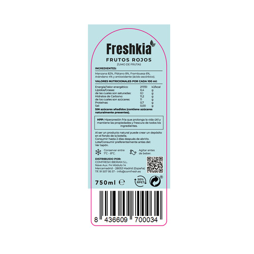 FRESHKIA Zumo con sabor a frutos rojos FRESHKIA 750 ml.