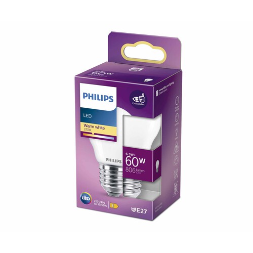 Bombilla Led E27, 6,5W=60W, luz cálida 2700K, 806lm, PHILIPS.