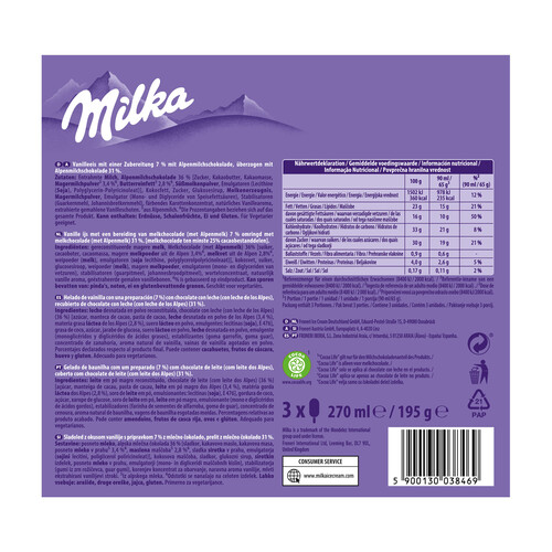 MILKA Helado de vainilla con chocolate con leche (leche proviniente de los Alpes) recubierto de chocolate con leche 3 x 90 ml.