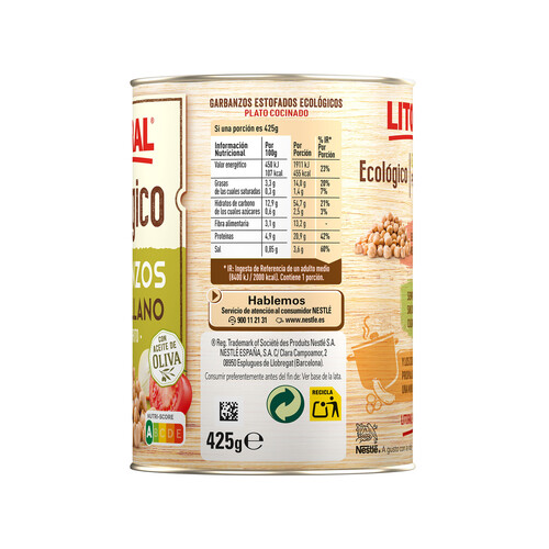 LITORAL Garbanzos con sofrito, variedad Pedrosillano, ecológicos LITORAL ECOLÓGICO 425 g.