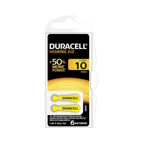 Pack de 6 pilas especiales para audífonos, tamaño 10, 1,45V, Zinc-Air., DURACELL.