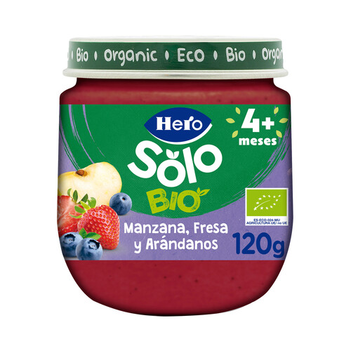 HERO Solo bio Tarrito de frutas (manzana, fresa y arándanos) ecológicas, a partir de 4 meses 120 g.