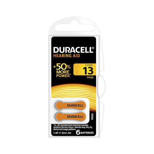 Pack de 6 pilas especiales para audífonos, tamaño 13, 1,45V, Zinc-Air., DURACELL.