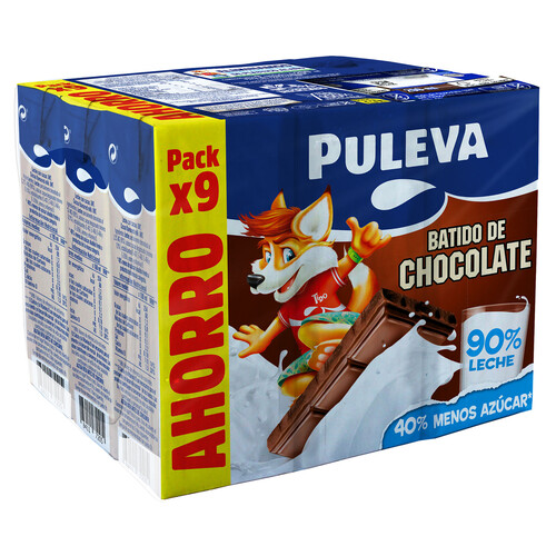 PULEVA Batido con sabor a chocolate, elaborado con un 90% de leche 9 x 200 ml.