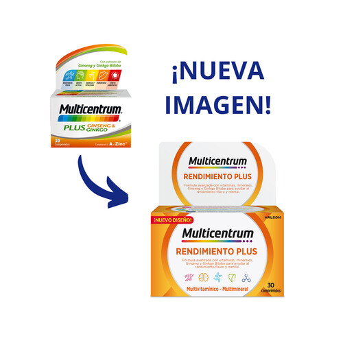 MULTICENTRUM Rendimiento plus Complemento nutricional con ginseng y ginkgo biloba 30 comprimidos.