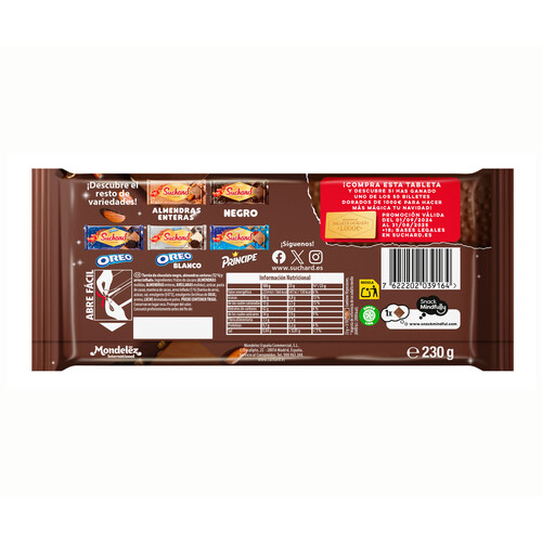 SUCHARD Turrón de chocolate negro con almendras enteras y arroz inflado 260 g.