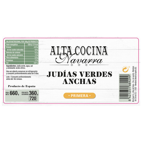 ALTA COCINA Judías verdes planas frasco de 360 g.