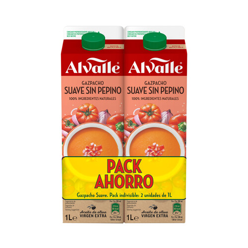 ALVALLE Gazpacho suave sin pepino y elaborado con ingredientes 100% naturales ALVALLE 2 x 1 l.