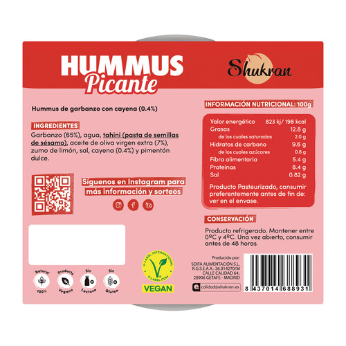 SHUKRAN Hummus de garbanzo con cayena 100% natural 200 g.