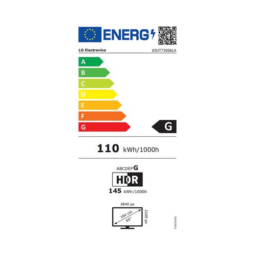 Televisión 165,1 cm (65) LG 65UT73006LA 4K WEBOS, Smart TV, con inteligencia artificial, pantalla LED,3 HDMI, 2 USB, HDR, HDR10, Bluetooth, color negro. 