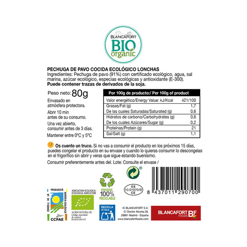 BLANCAFORT Pechuga de pavo asada ecológica en lonchas ecológica BLANCAFORT BIO ORGANIC 80 g.