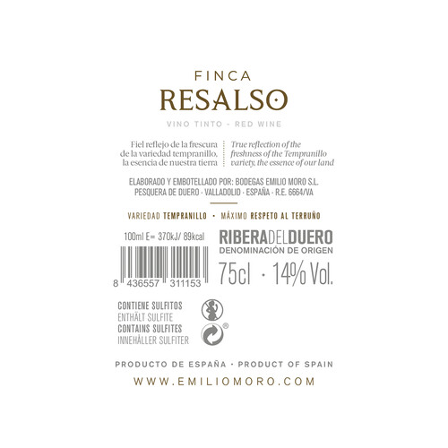 FINCA RESALSO de Emilio Moro  Vino tinto roble con D.O. Ribera del Duero botella 75 cl.