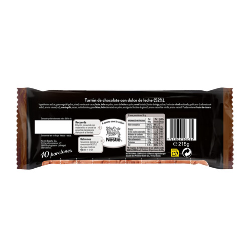 Turrón de chocolate con dulce de leche NESTLÉ 215 g,