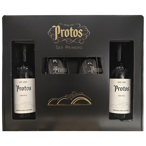 PROTOS  Estuche con 2 botellas de vino tinto crianza con D.O. Ribera del Duero + 2 copas.