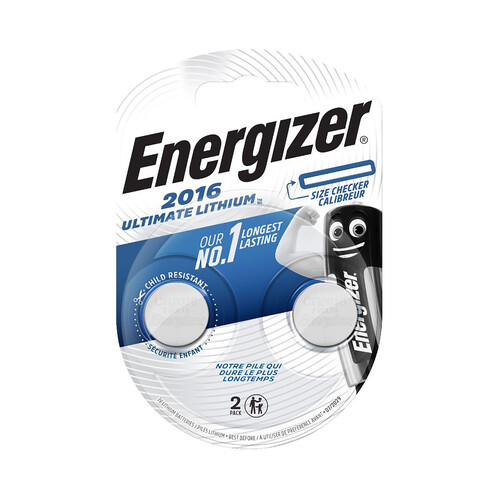 Pack de 2 pilas de botón de litio CR2016, 3V, ENERGIZER Ultimate Lithium.