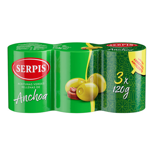 SERPIS Aceitunas verdes rellenas de anchoa 3 x 120 g.