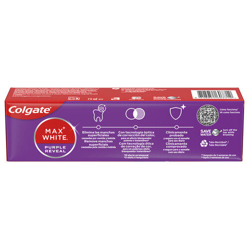 COLGATE Max white purple reveal Pasta de dientes de uso diario con acción blanqueante 75 ml.