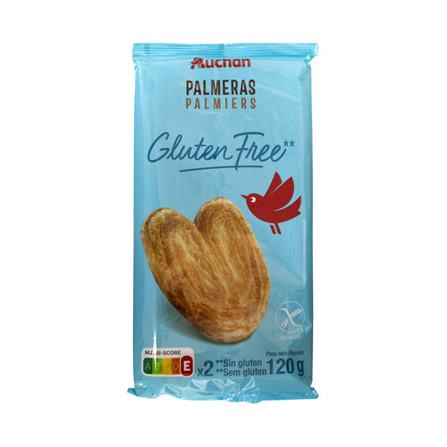 PRODUCTO ALCAMPO Palmeras de hojaldre elaboradas sin gluten 2 uds, 120 g.