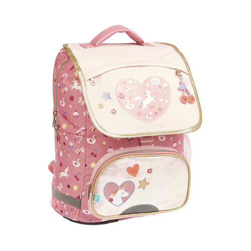 Mochila de 38cm con solapa, varios compartimentos, color rosa, ALCAMPO.