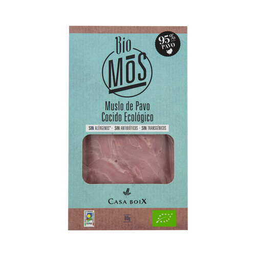 BIOMOS Muslo de pavo cocido ecológico, cortado en lonchas 80 g.