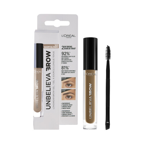 L'ORÉAL PARIS  Unbelieva brown Tono 103 Warm Blonde Gel de cejas de larga duración, reistente al agua y con acabado natural. 