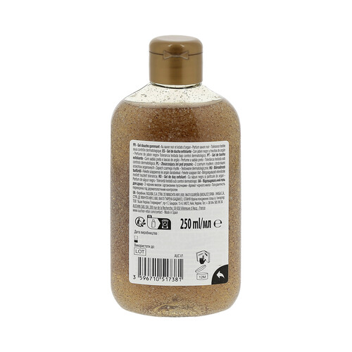 COSMIA Gel para ducha o baño exfoliante con jabón negro y trocitos de argán 250 ml.