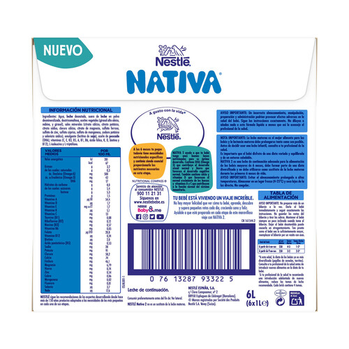 NATIVA Leche (2) de continuación, de 6 a 12 meses NATIVA de Nestlé 6 x 1 l.