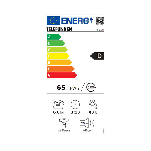 Lavadora TELEFUNKEN TLK006, 6KG, clasificación energética: D, 1000RPM, H: 84,5cm, A: 59,7, F: 49,7cm.