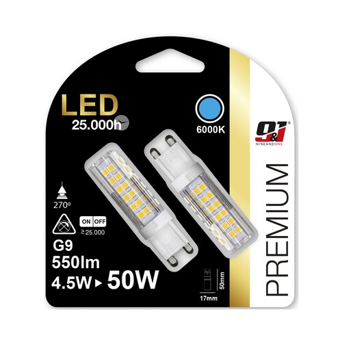 Pack de 2 bombillas Led G9, 4,5W=50W, luz fría 6000K, NINE&ONE Premium.