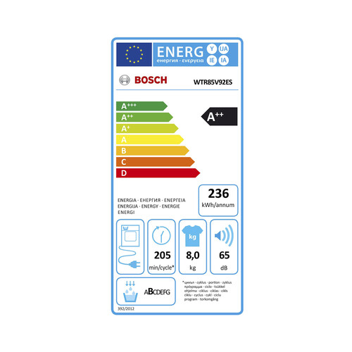 Secadora por condensación con bomba de calor BOSCH WTR85V92ES capacidad de secado: 8KG, clasificación energética: A++, H: 84,2cm, A: 59,8cm, F: 59,9cm.