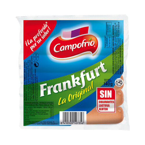 CAMPOFRÍO Salchichas cocidas tipo Frankfurt, de pollo y cerdo y elaboradas sin gluten CAMPOFRÍO 140 g.