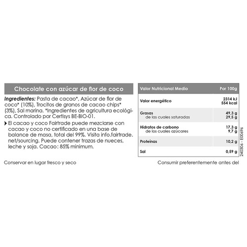 BELVAS Chocolate negro (85%) ecológico, con azúcar de flor de coco 120 g.