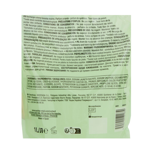 COSMIA Recambio de jabón líquido para manos, con aroma a almendra 1 l.