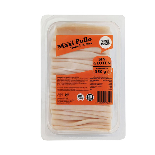 MONELLS Fiambre de pollo sin gluten cortado en lonchas 350 g.