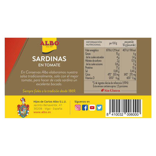 ALBO Sardinas en tomate lata de 85 g.