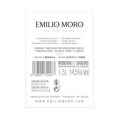 EMILIO MORO  Vino tinto con D.O. Ribera del Duero botella 75 cl.