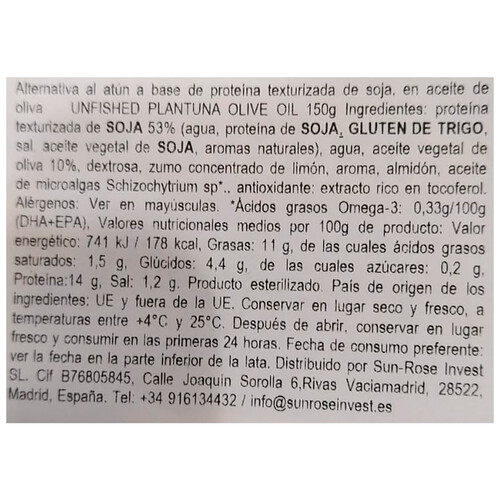 UNFISHED PLANTUNA Untable vegetal en aceite de oliva 150 g.