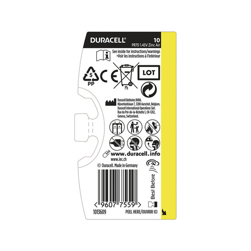 Pack de 6 pilas especiales para audífonos, tamaño 10, 1,45V, Zinc-Air., DURACELL.